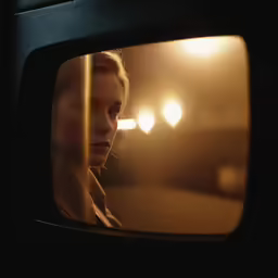 the girl looks out the window at her reflection
