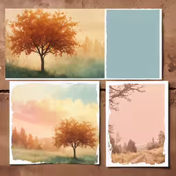 four square paintings with four different color variations,four photographs of different scenery with trees