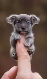 a tiny gray dog is sitting on top of the finger of a person