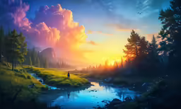 a painting of a beautiful sunset with clouds over the river