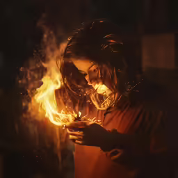 a girl is standing in front of a lit fireplace holding a smart phone