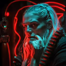 a woman with blonde hair is sitting in front of a neon light
