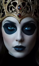 a woman with black face paint and gold mask