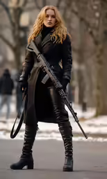 a woman in black leather clothes holds a rifle