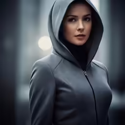 the woman in grey jacket has hood up on