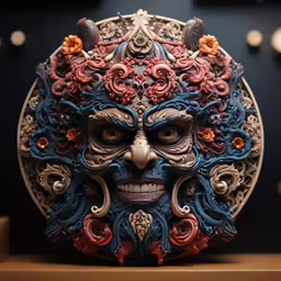 decorative mask in middle on shelf next to display case
