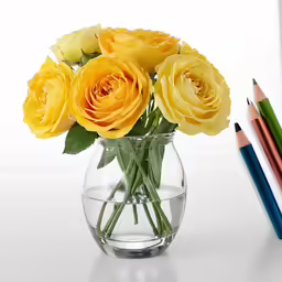 three different colored pencils are next to a glass vase of flowers