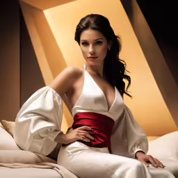 woman wearing white and red outfit sitting on bed with tan walls