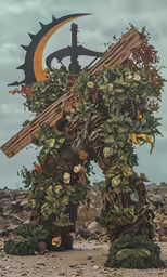 a cross covered in leaves and plants next to a moon