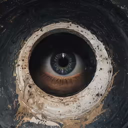 an eye with spots on it in the center of a pipe