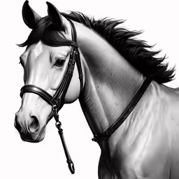 a black and white horse with the mane up