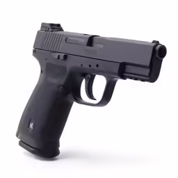 an opened handgun with the top open and a clipping on it