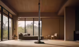 the modern living room is empty with large glass windows