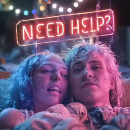 two people in bed staring at a neon sign