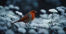 a red and gray bird is sitting on some white flowers