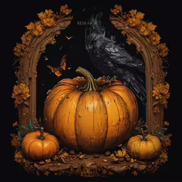 a painting shows a crow on top of pumpkins,a picture of a pumpkin and a black bird
