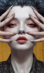 a woman with blue hair covering her eyes and hands