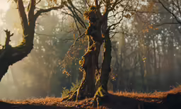 two trees in the middle of an open area
