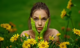a woman covers her eyes while holding hands against her face in front of a field of yellow flowers