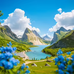 some pretty blue flowers some mountains and some water