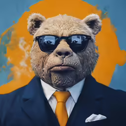 a cartoon bear wearing sunglasses and a suit with yellow tie