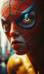 a spider man with blue and orange eyes stares into the camera
