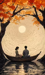 couple in rowboat looking at tree with white circles