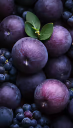 blueberries and plums are stacked with a green leaf