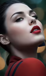 a woman with red lipstick and blue eyes