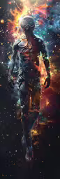 a person in the distance walking on top of stars,an astronaut walks through space while a bright background