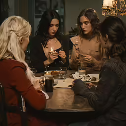 five people sitting around a table looking at their phones