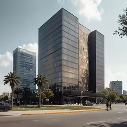 a city with skyscrapers next to an empty street