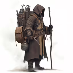 a man wearing armor, a helmet and a backpack carrying a lantern