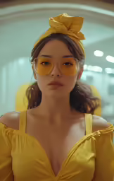 a woman wearing a yellow dress wearing a pair of round glasses