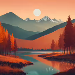 this is a painting of mountains and lakes and trees,there is a painting of a river flowing through the mountain landscape
