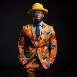 a man wearing a suit and tie standing in front of a black background,a person is wearing a brightly colored suit and a hat