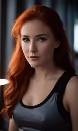 a woman with red hair is in a dark room