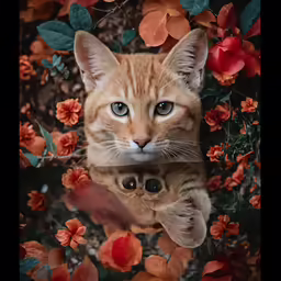 a cat with its face in a mirror surrounded by flowers