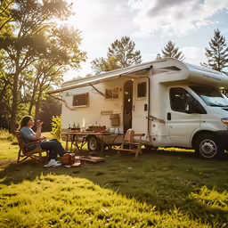 a woman is eating a burger outside her camper
