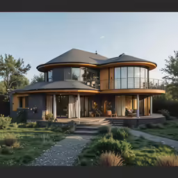 the two story house has a circular roof and tall windows