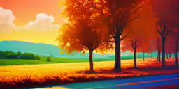 a painting of an expansive landscape with trees and a yellow grassy field,this is a painting of trees and fields