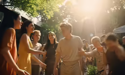 people standing and clapping in front of a group