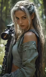 a woman holding an rifle poses for a photo