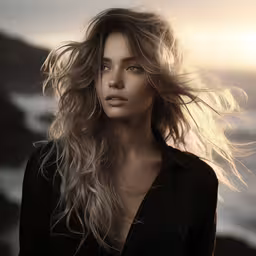 a woman standing in front of a sea and cliff,woman with her hair blowing in the wind