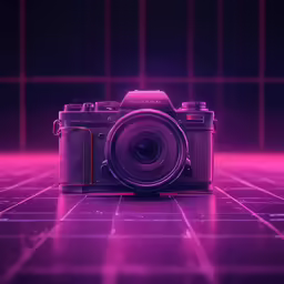 an analog camera on the floor with some purple lights