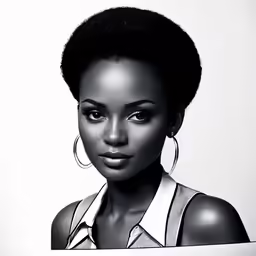 a black and white photo of a woman wearing large hoop earrings