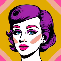 a colorful poster of a woman with purple hair,a pop art image of a woman with purple hair