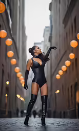 a woman wearing a tight, black bodysuit in a city setting