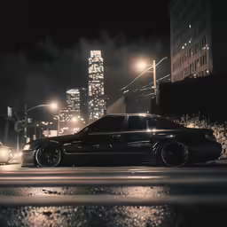 black car in city at night with street lights