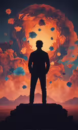 a man standing on top of a dirt hill,the man stands in front of an orange background